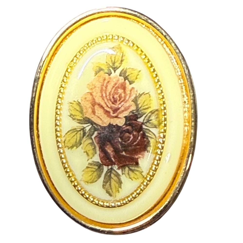 Vintage Floral Brooch Pin Oval Gold Tone Roses Flower Cottagecore Jewelry